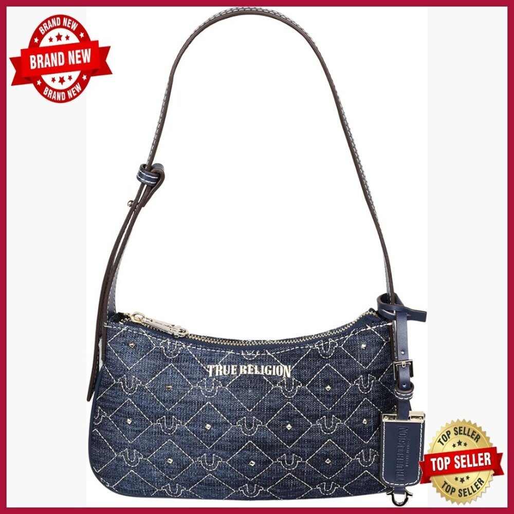 Studded Denim Shoulder Bag with Quilted Horseshoe Pattern Adjustable Strap